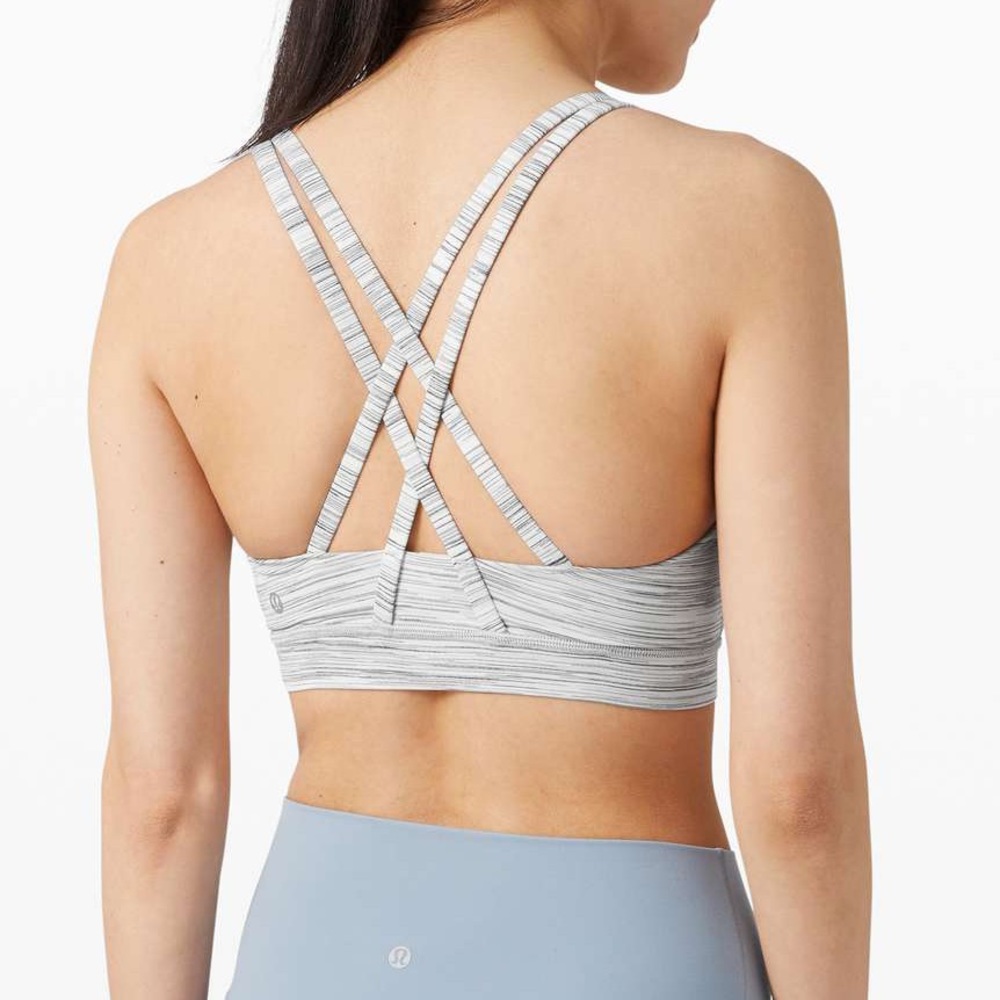 Lululemon Energy Bra sz 6 grey white stripe cross cross back sports bra